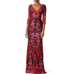 Red & Pink Floral Embroidered V-Neck Maxi Dress